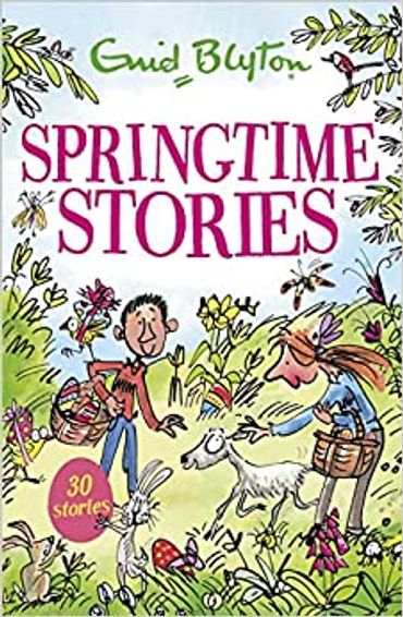 Book cover of "Springtime Stories" by Enid Blyton with children and animals.