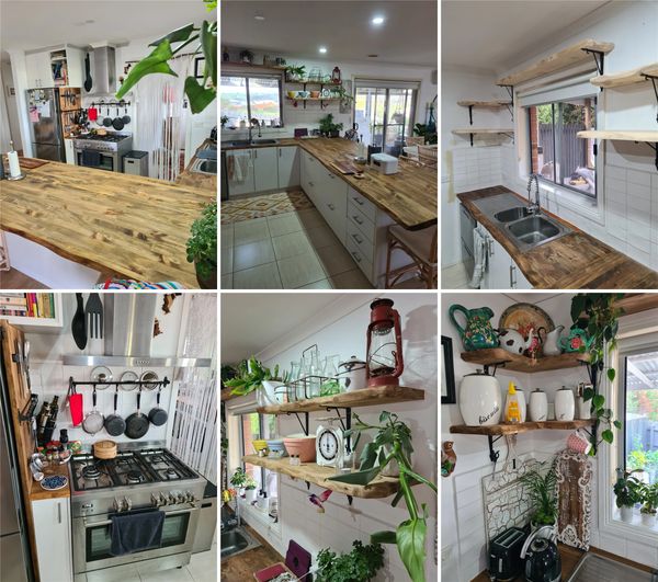 Cozy kitchen with wooden countertops and open shelves.