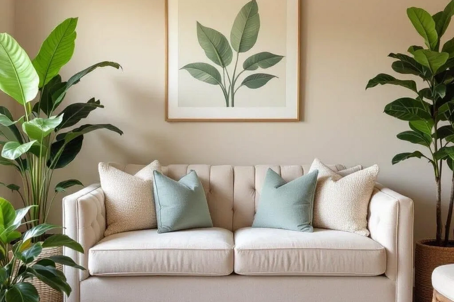 Neutral-toned sofa with blue and beige pillows, flanked by green plants and a botanical wall art.