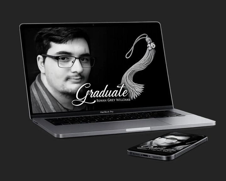 Graduation announcement displayed on a laptop and smartphone screens.