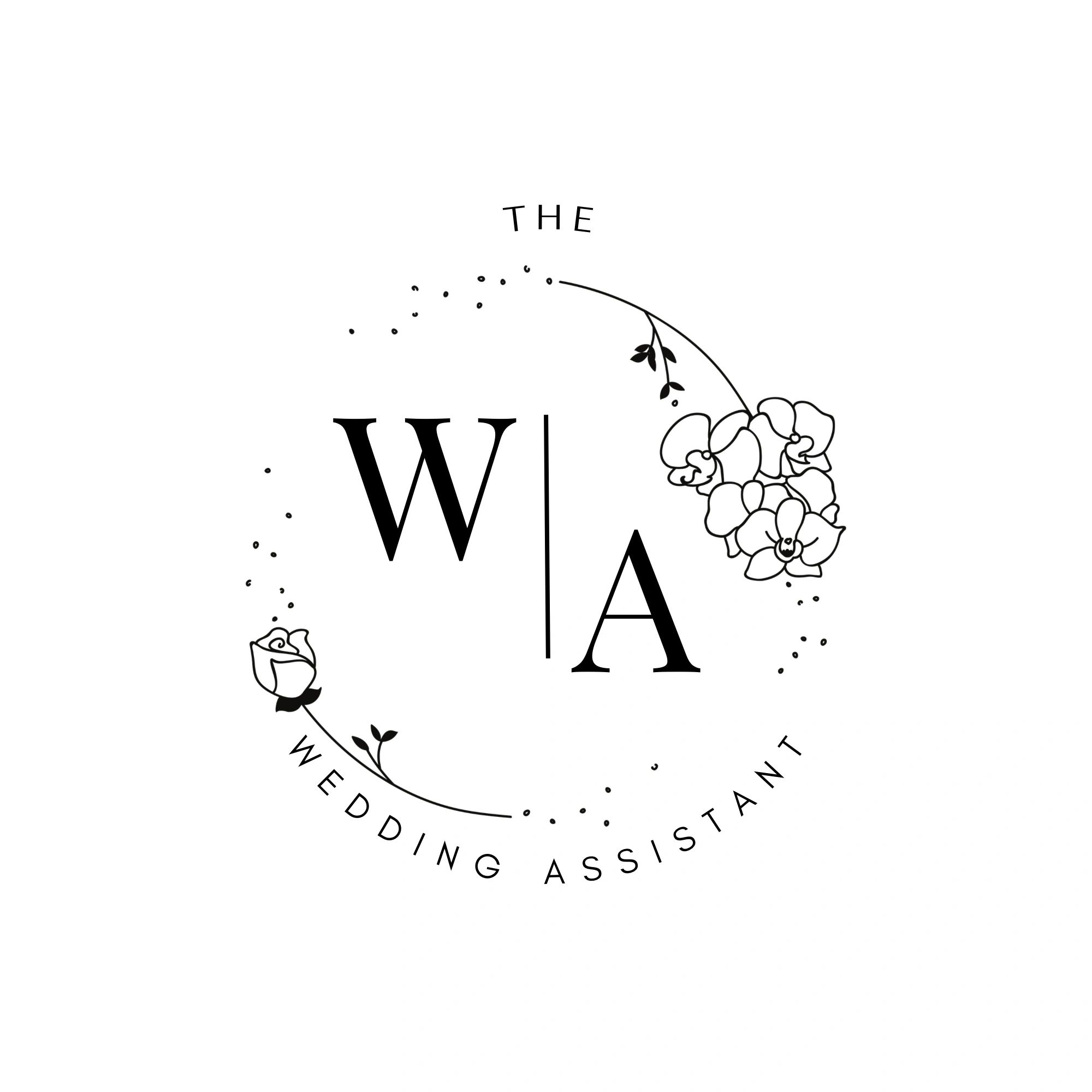 Elegant black and white wedding assistant logo with floral accents.