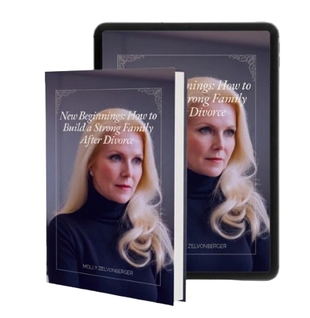 Book cover showing a thoughtful woman on "New Beginnings: How to Build a Strong Family After Divorce."