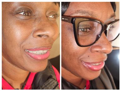 Close-up portraits of a woman smiling, with and without glasses.