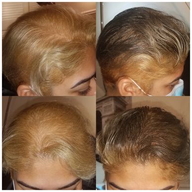 Four views of hair transformation from blonde to darker shade.
