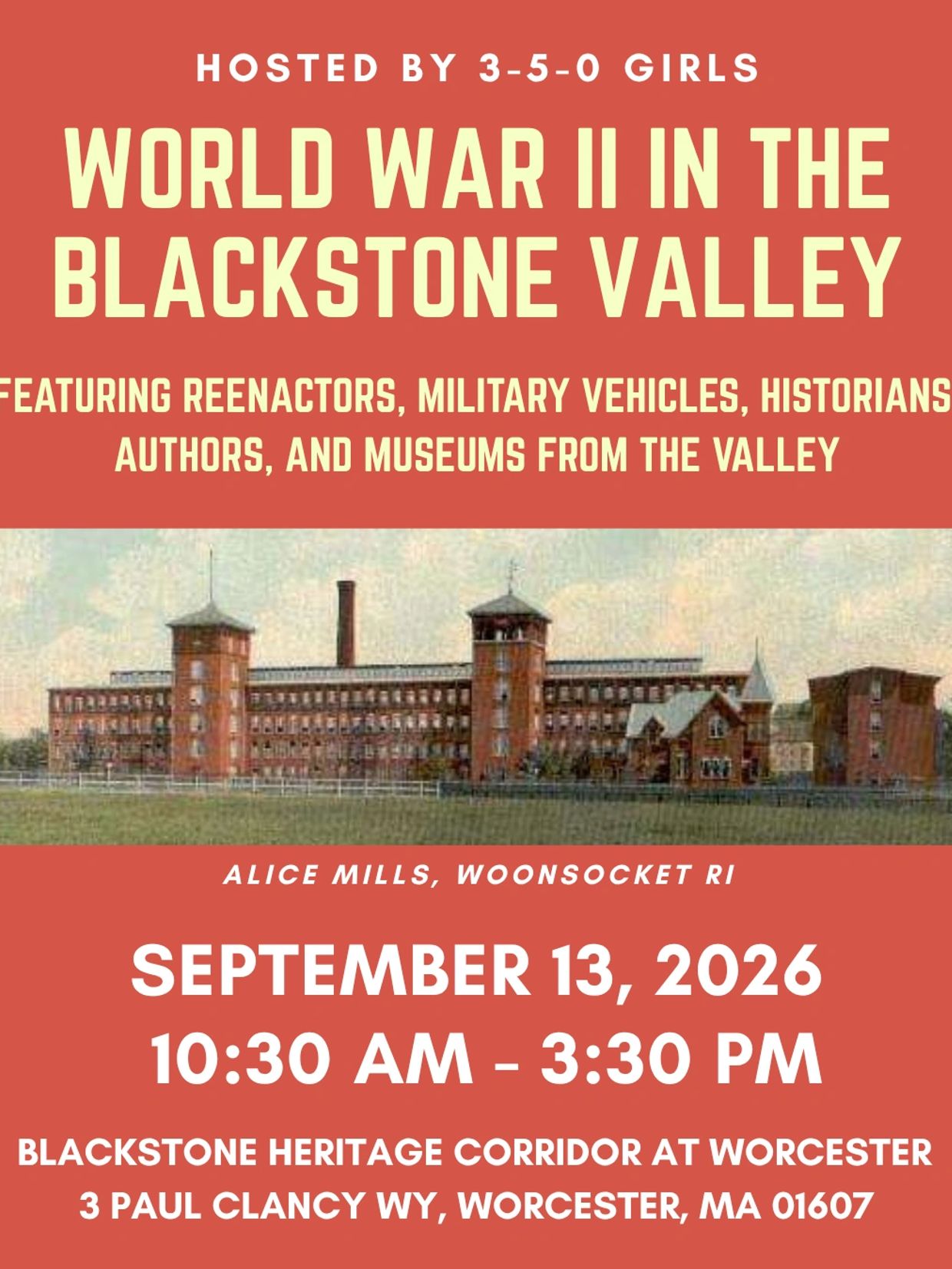 Event poster for World War II in the Blackstone Valley.