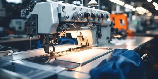Close-up of an industrial sewing machine stitching blue fabric in a factory.