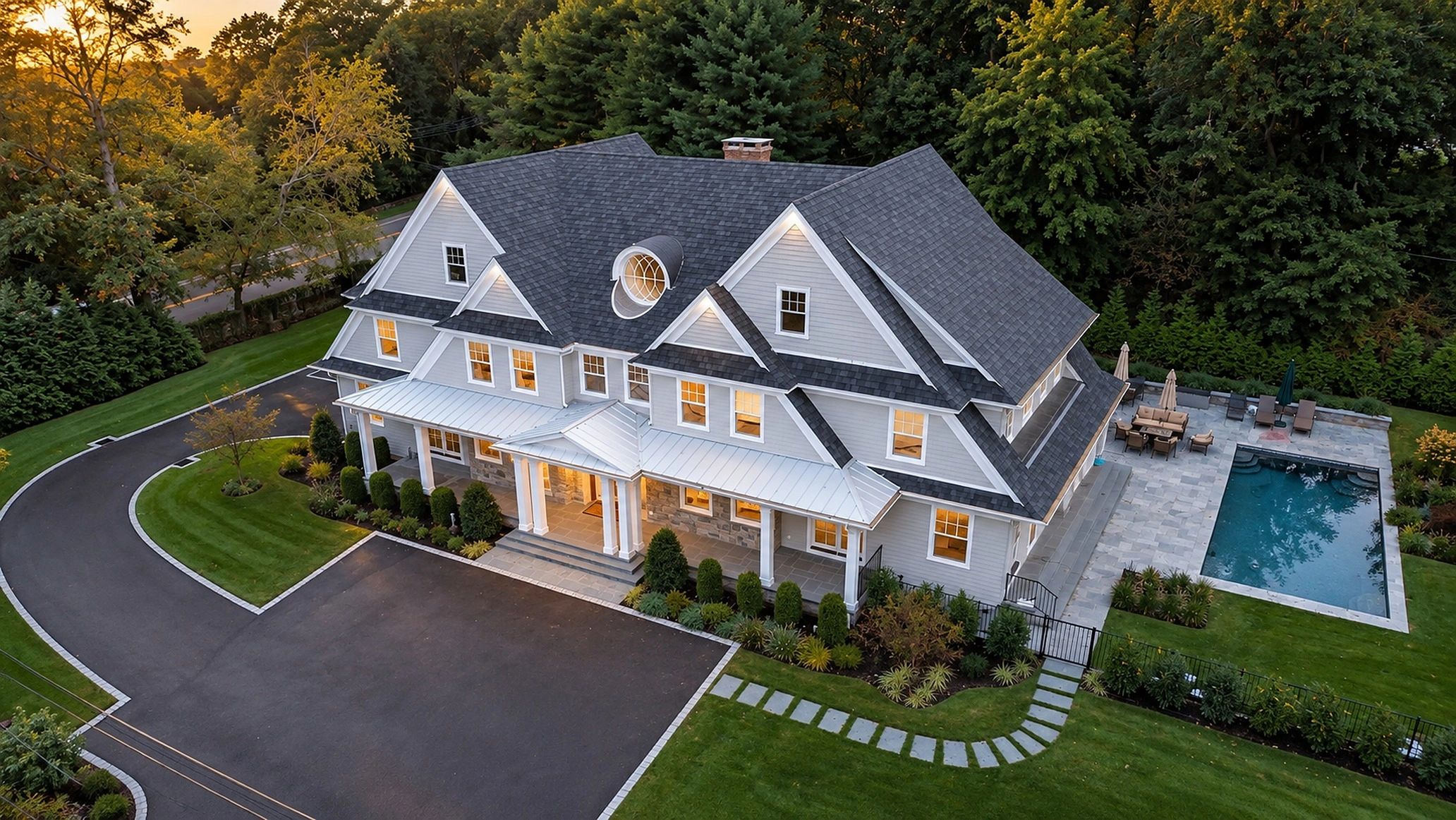 Aerial view at dusk of a new shingle-style home with a pool in Darien, CT, built by Jeff Scalise Bui