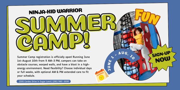 Bright flyer advertising Ninja-Kid Warrior Summer Camp with fun obstacle course imagery.