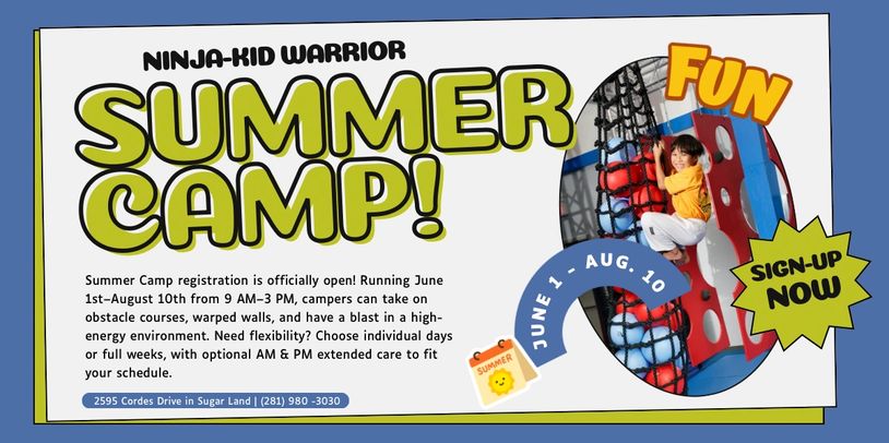 Bright flyer advertising Ninja-Kid Warrior Summer Camp with fun obstacle course imagery.