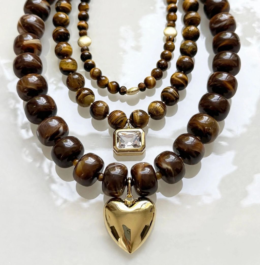 tigers eye beaded necklaces with 14K gold filled heart pendant, with CZ charm, with matte gold beads