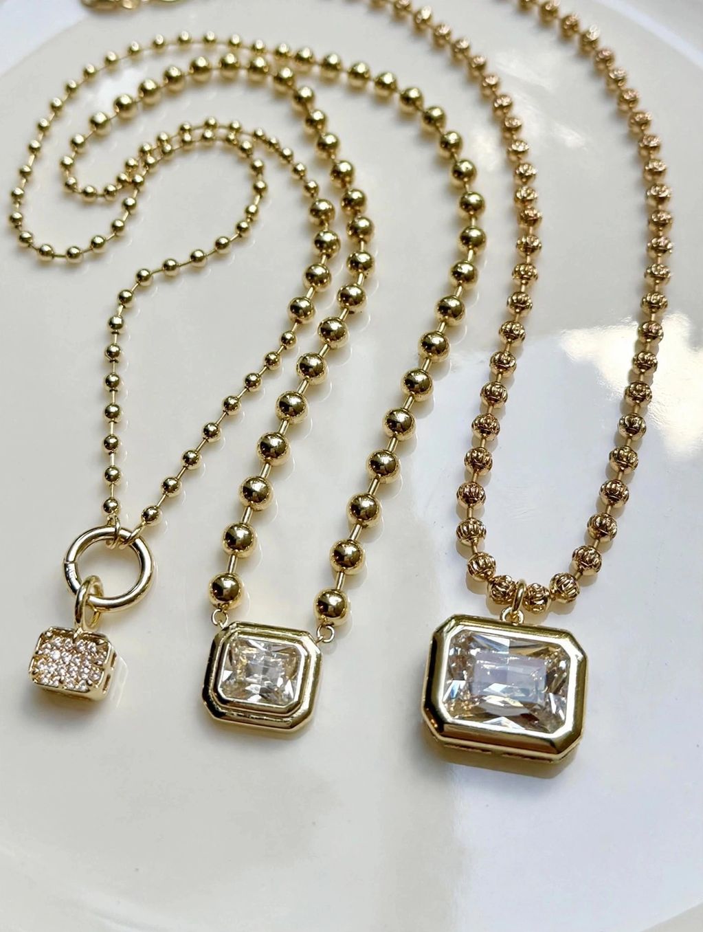 emerald CZ solataire in 3 sizes, gold vermeil or 14K gold filled ball chain