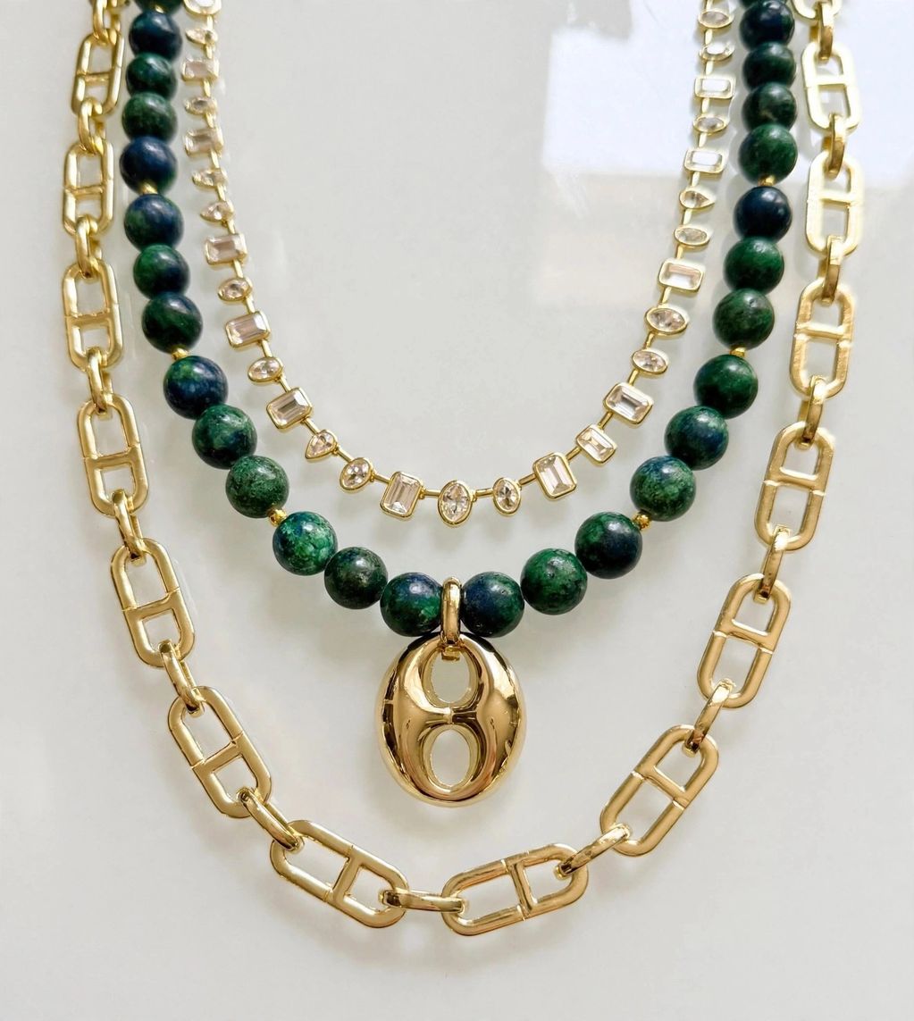 multi shape CZ tennis, green agate beads with 14K gold filled horsebit, thick mariner link chain in 