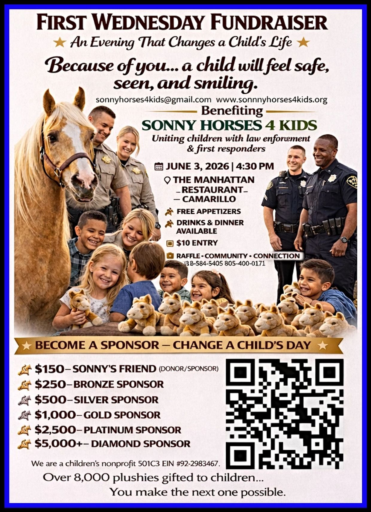 Fundraiser event with law enforcement and kids, featuring Sonny Horses 4 Kids.