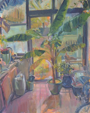 oil painting of a banana tree inside a greenhouse
