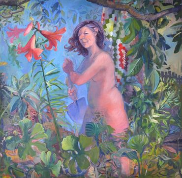 Large oil painting of a nude woman in a beautiful garden. She is wielding a shovel.