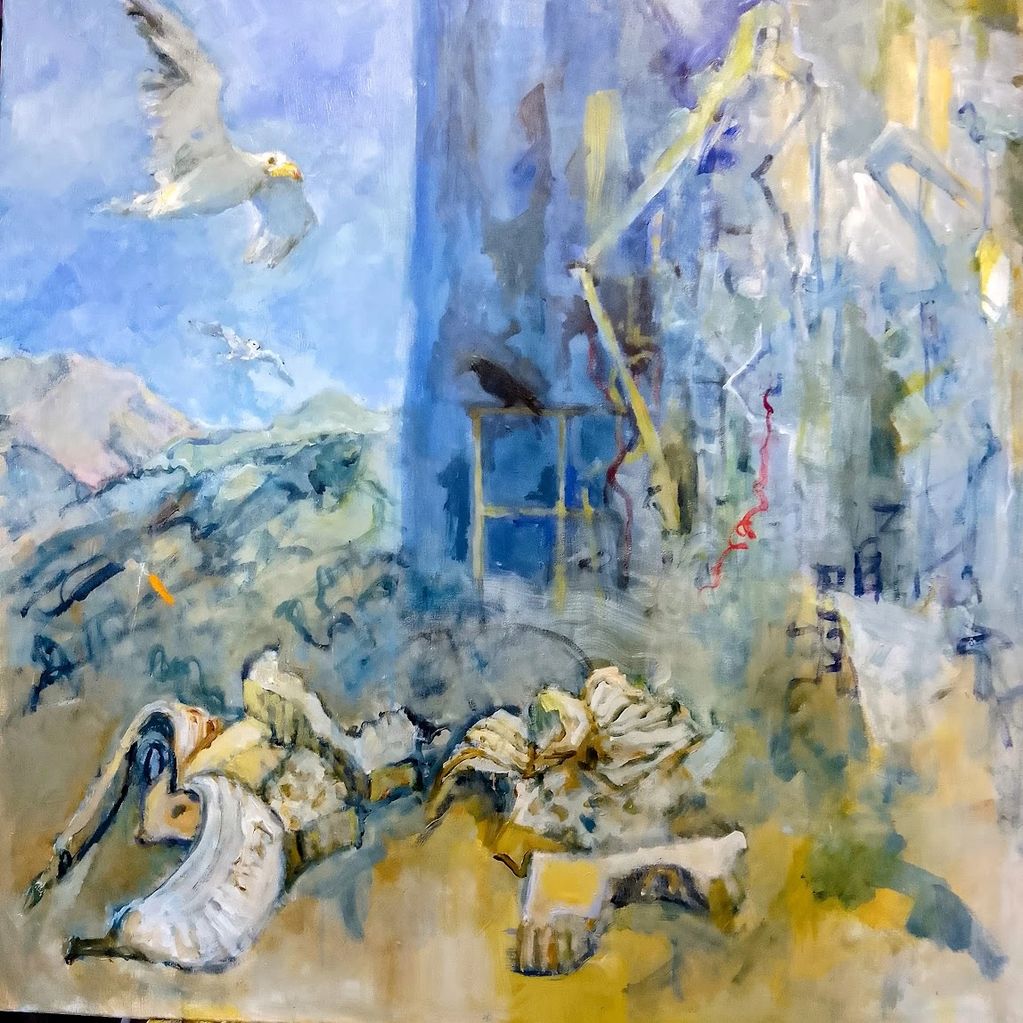 Birds bananas and bleepers
{ An Ysbyty sojourn}
Acrylic
100cmsx100cms
