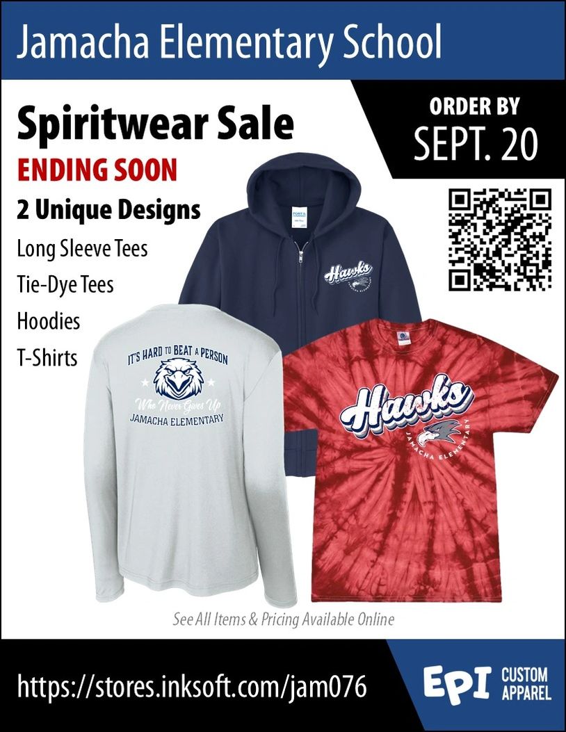Spiritwear sale at Jamacha Elementary with unique designs and order deadline.