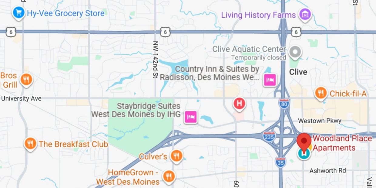 Map of West Des Moines Iowa and Woodland Place Apartments