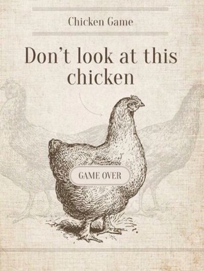 Vintage drawing of a chicken with a playful 'Don't look' game message.