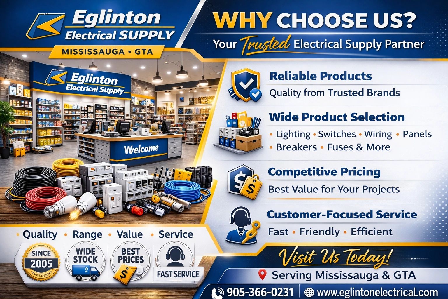Eglinton Electrical Supply offers quality electrical products with competitive pricing and excellent service in Mississauga and GTA.