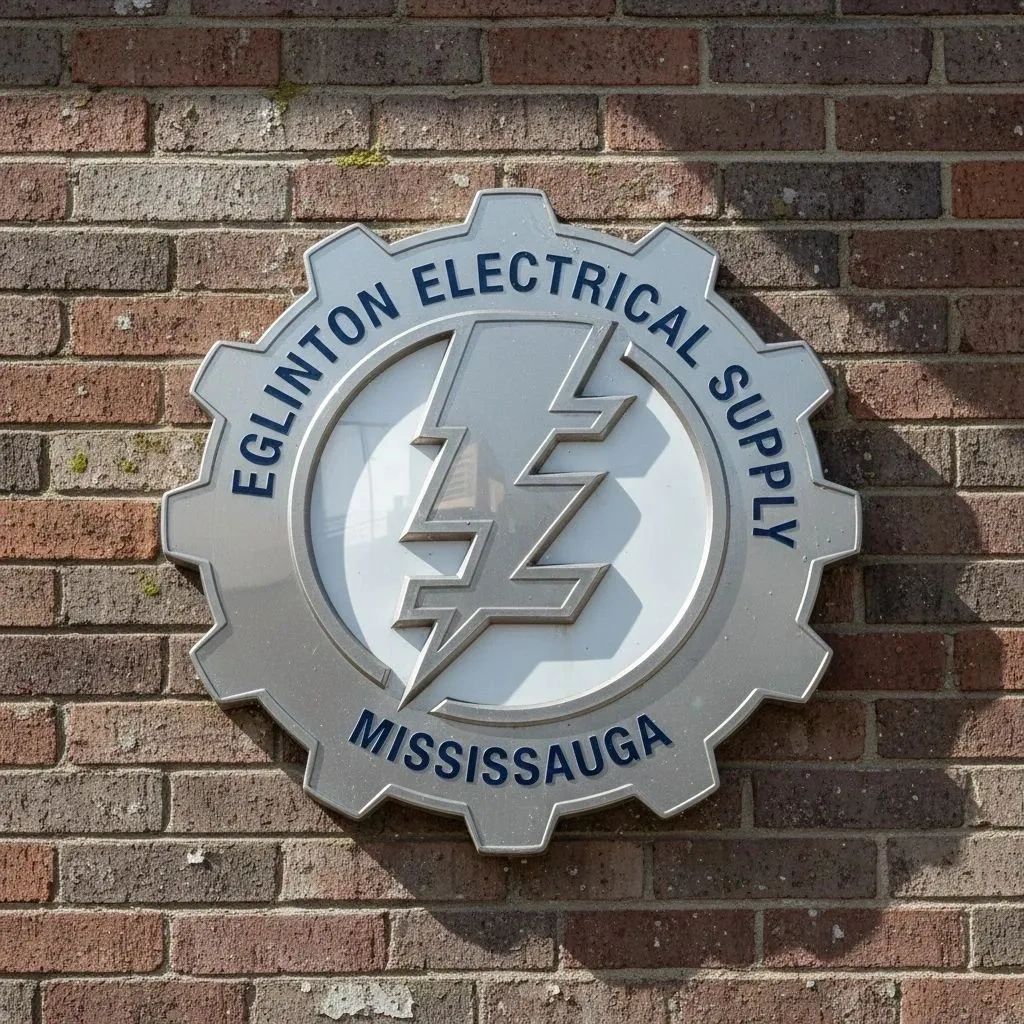 Sign for Eglinton Electrical Supply in Mississauga on a brick wall.