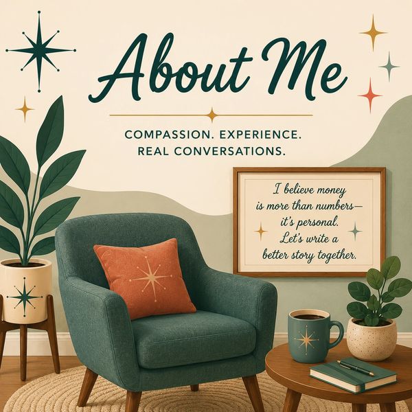 Cozy reading nook with inspirational "About Me" message and warm decor.
