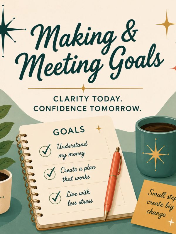 Notebook with financial and stress reduction goals alongside coffee and motivational text.