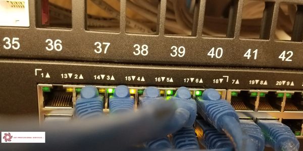 Cat 6 cables connected to a switch in a rack.
