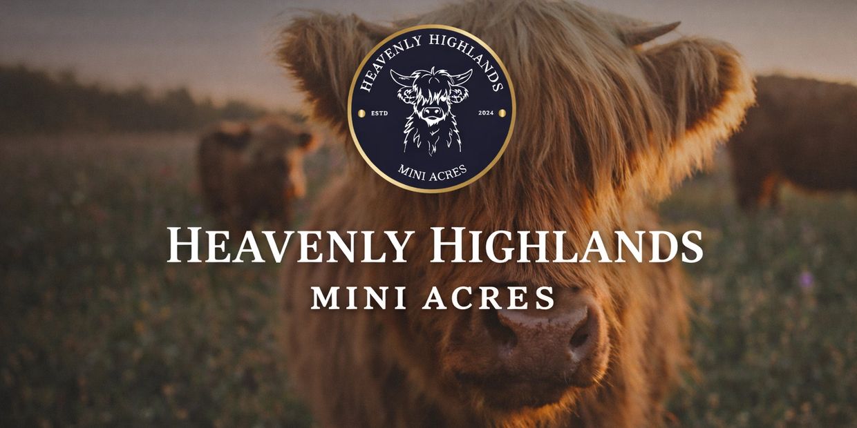 Close-up of a Highland cow with Heavenly Highlands Mini Acres logo.