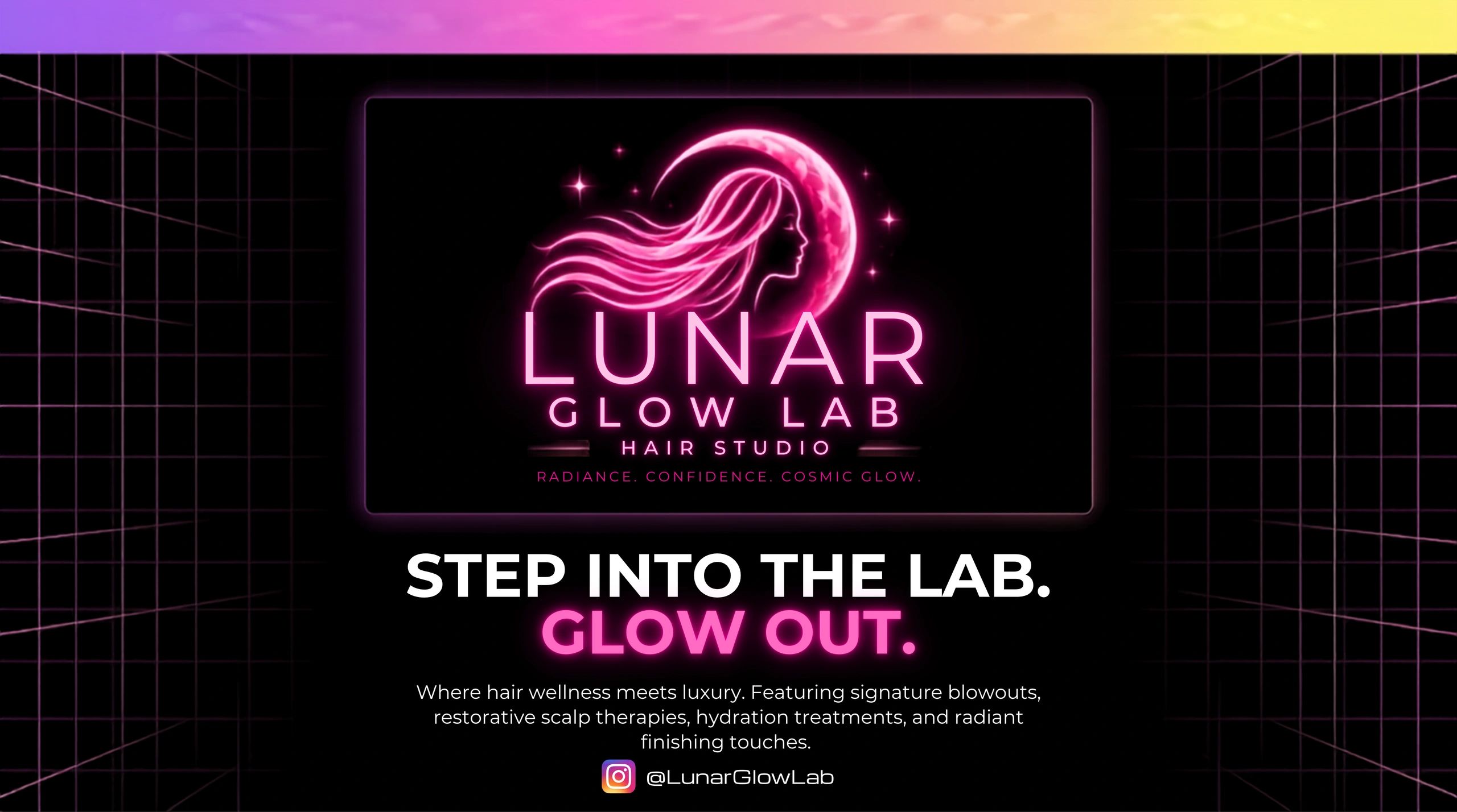 Neon-logo for Lunar Glow Lab Hair Studio with tagline.