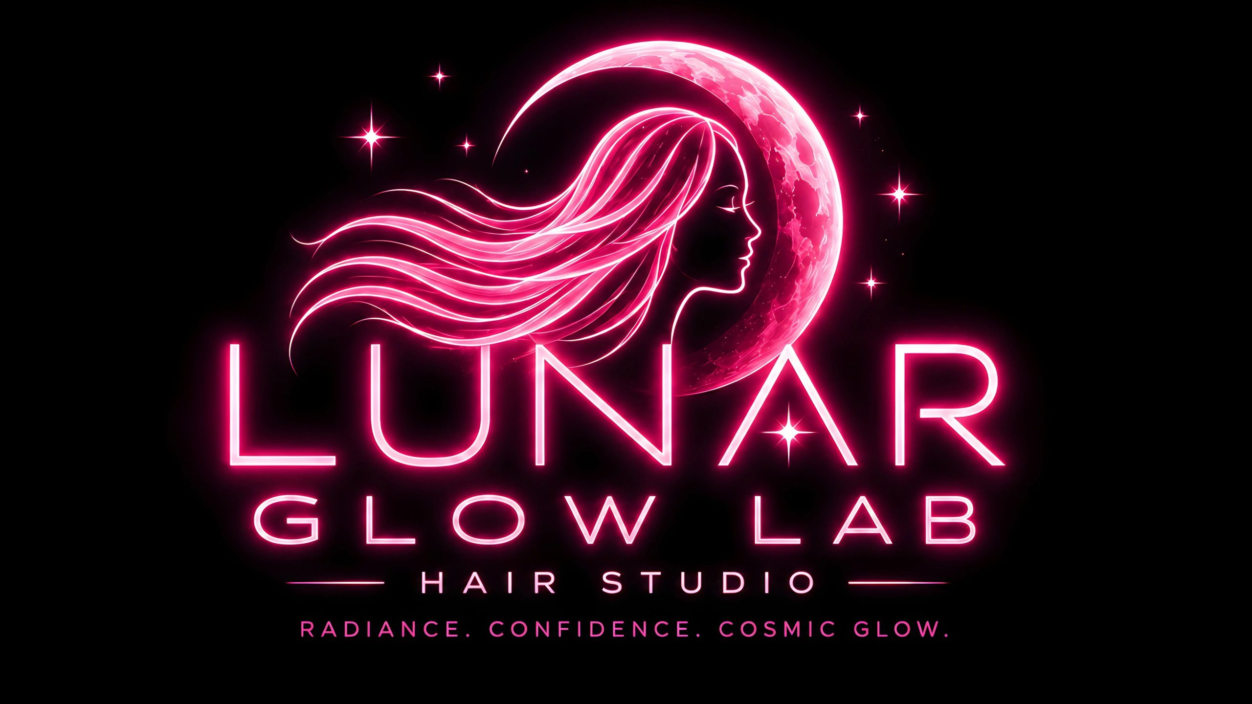 Neon sign for Lunar Glow Lab Hair Studio with cosmic theme.