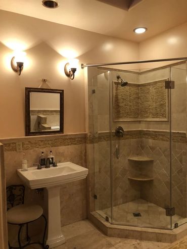 Small bathroom remodel los angeles, modern black fixtures, beautiful classic bathroom tile