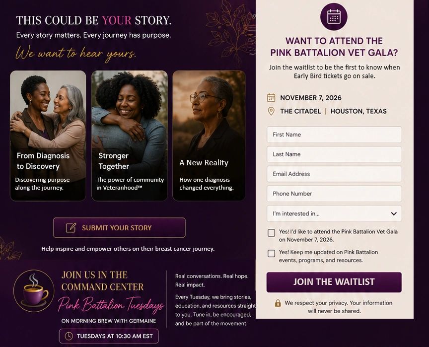 Invitation to share breast cancer stories and join Pink Battalion Vet Gala waitlist.