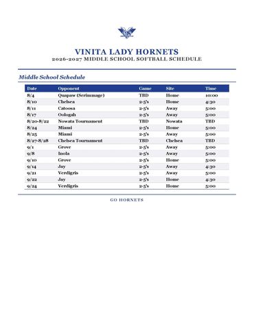 2026 Middle School Softball Schedule