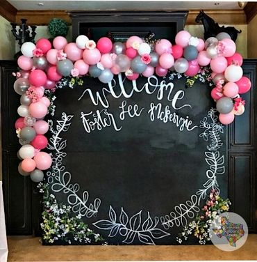 Decorative welcome board with pink, white, and gray balloons and floral designs.