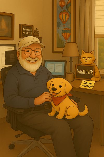 Smiling elderly man with a dog and a grumpy cat in a cozy office.