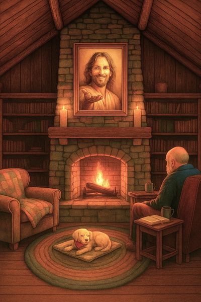 Cozy room with a fireplace, a dog resting, and a man sitting peacefully.