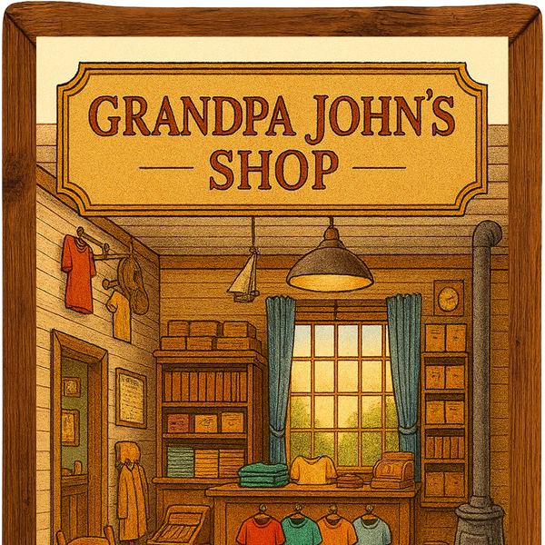 Cozy Grandpa John's Shop interior with rocking chair and sleeping dog.