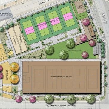 Site plan showing tennis courts, lawn area, and a proposed basketball building.