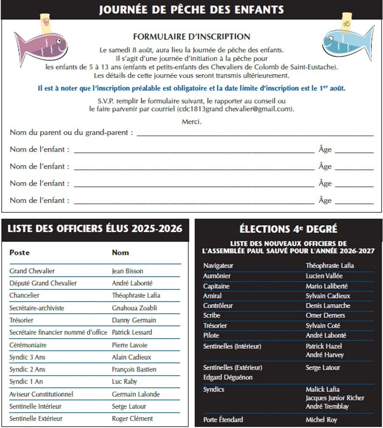 Formulaire d'inscription pour la journée de pêche des enfants et listes des officiers élus 2025-2026 et élections 4e degré.