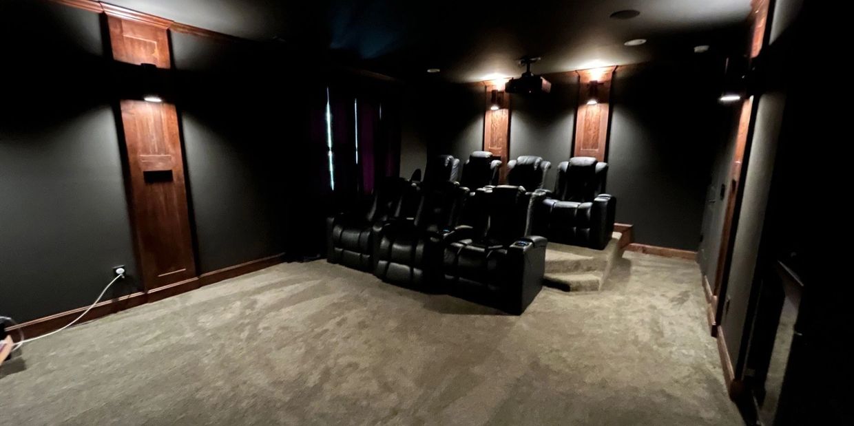 Home theater with black leather seating