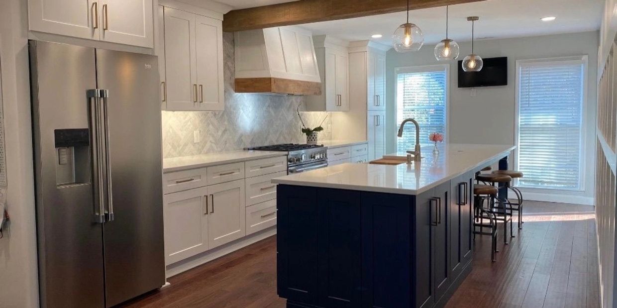 Modern kitchen with navy blue island