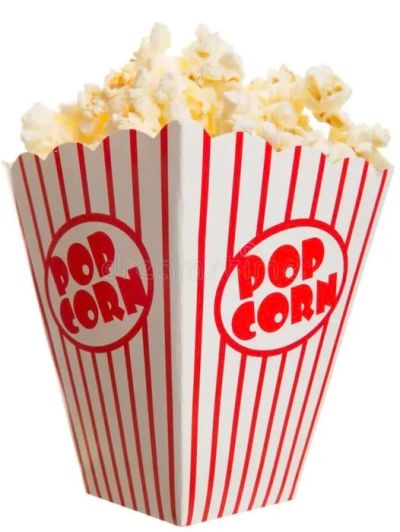 Box of buttered popcorn in a striped container.