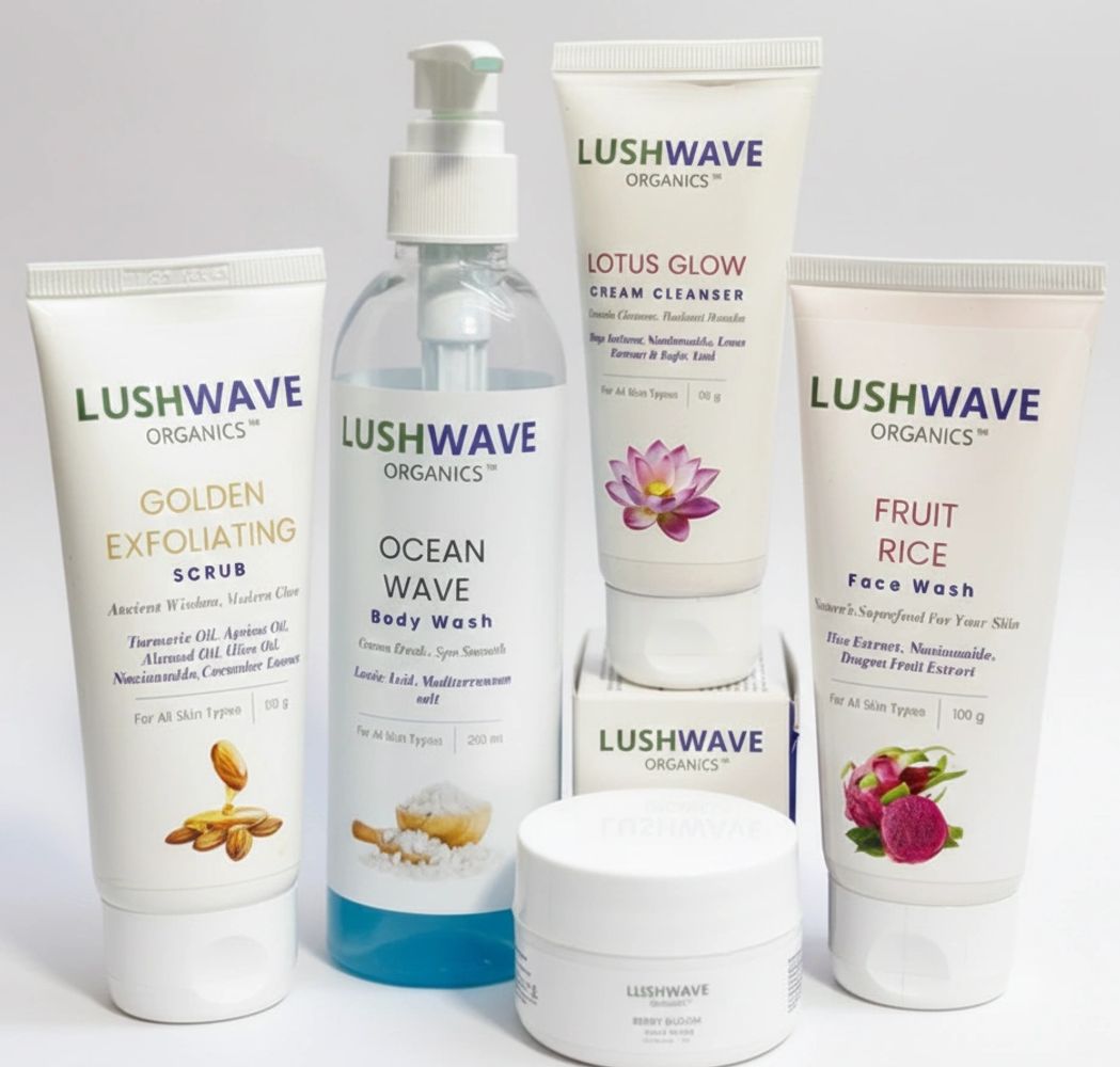 LUSHWAVE Organics skincare products including scrub, body wash, cleanser, and face wash.