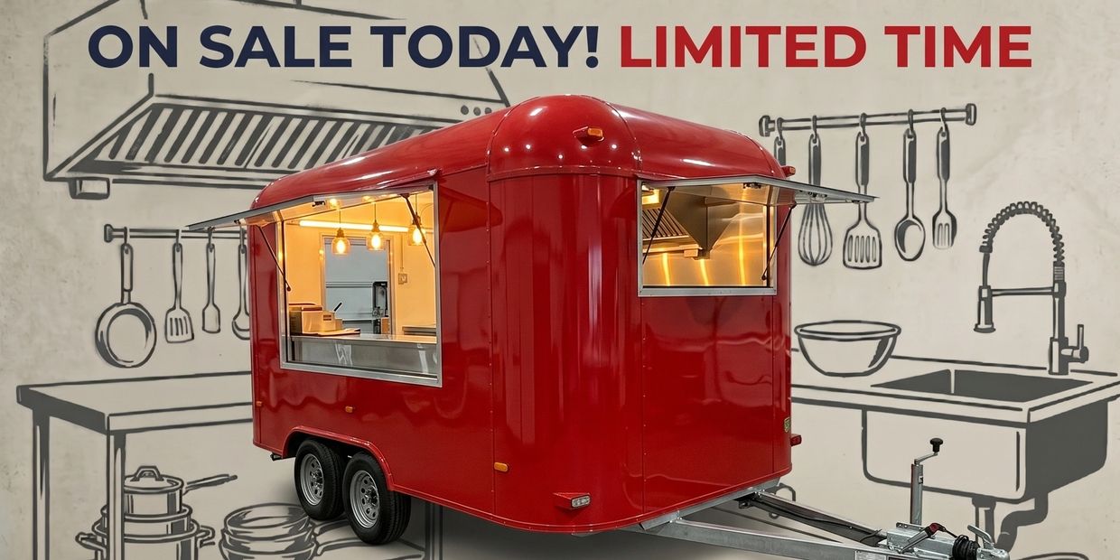Bright red food trailer on sale with kitchen backdrop illustration.