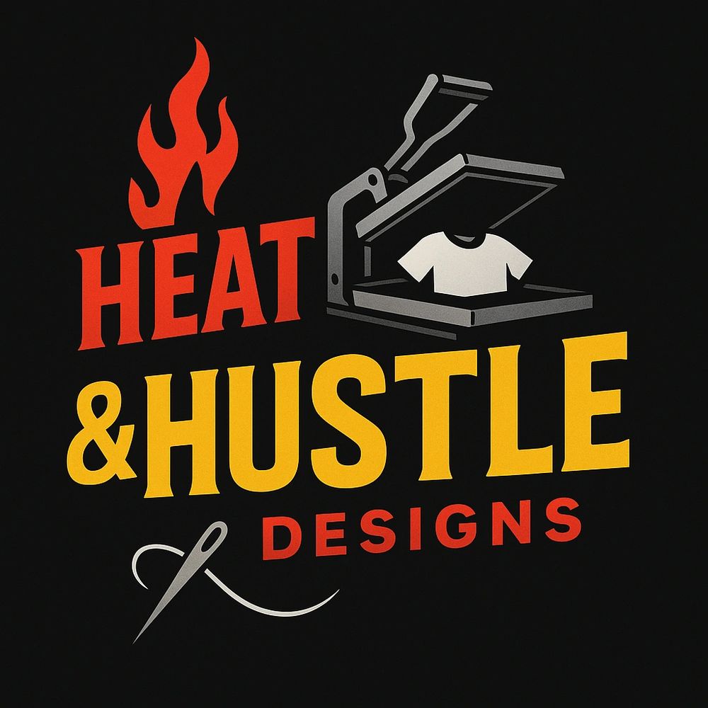 Logo for Heat & Hustle Designs with a heat press and sewing needle illustration.