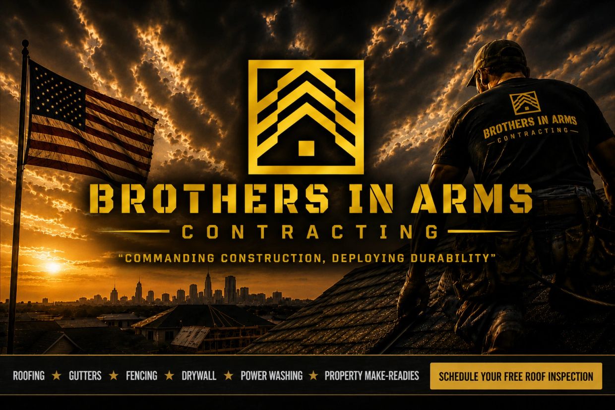 Brothers in Arms Contracting advertisement with American flag and roofing worker.