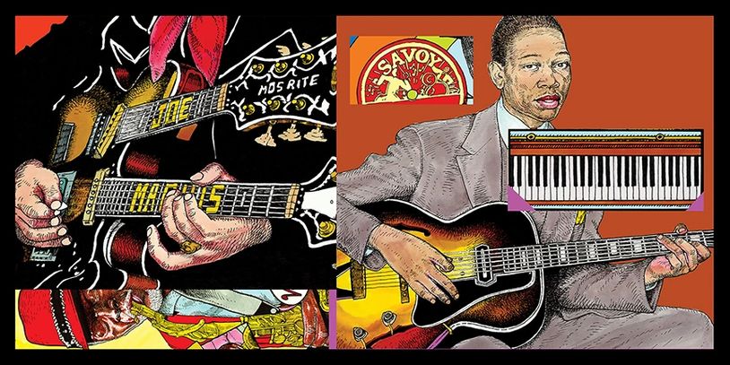 Illustration of two musicians playing guitars and a saxophonist.