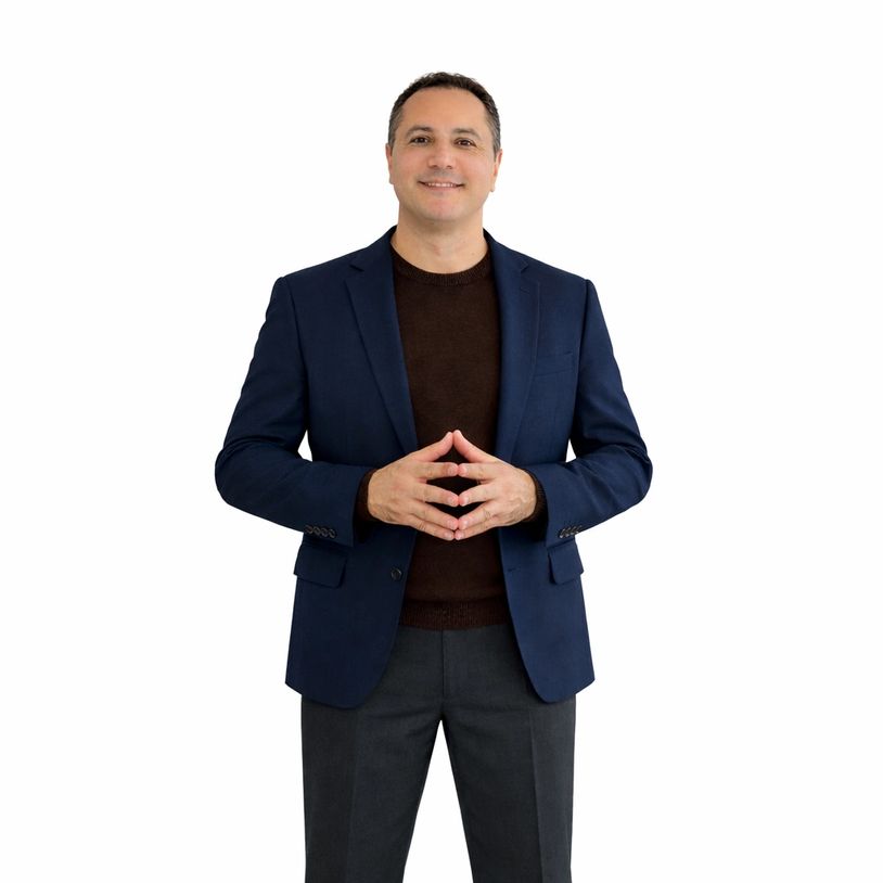 Man in a navy blazer and brown sweater smiling confidently.