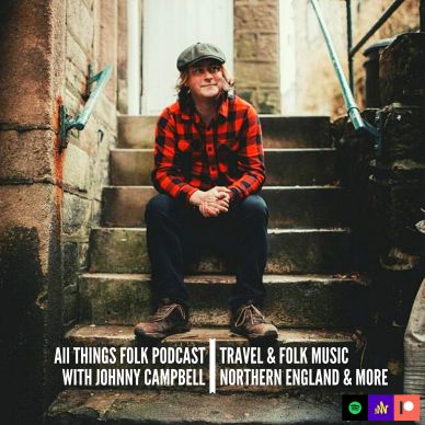 Man in a red plaid shirt and cap sitting on stone steps for a folk podcast.